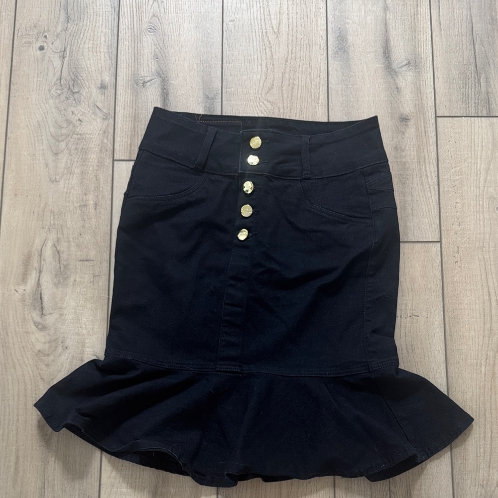 Sophisticated Black Ruffle Pencil Skirt with Gold Buttons